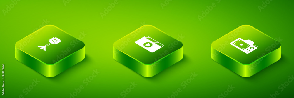 Set Isometric Movie clapper, Photo camera and Studio light bulb in softbox icon. Vector Set Isometric Movie clapper, Photo camera and Studio light bulb in softbox icon. Vector