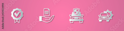 Set paper cut Approved and check mark, Contract in hand, Car insurance and accident icon. Paper art style. Vector