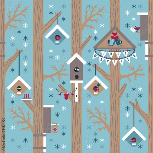 A humorous vector seamless pattern with diverse birdhouses on trees and birds on a blue background with the snowflakes