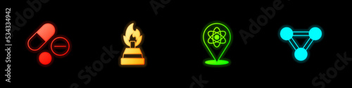 Set Medicine pill or tablet, Alcohol spirit burner, Atom and Molecule icon. Vector