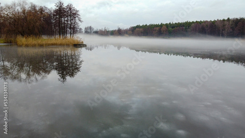 View of morning lake in autumn. Dry trees and yellow grass on the banks. Fog over the lake