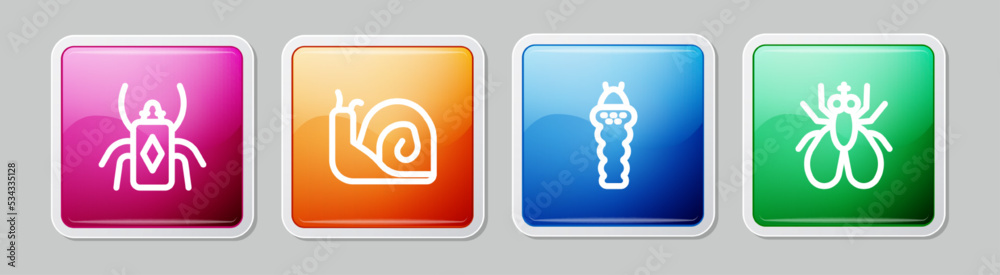 Set line Beetle bug, Snail, Larva insect and Insect fly. Colorful square button. Vector