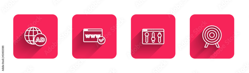 Set line Advertising, Website template, Browser setting and Target sport with long shadow. Red square button. Vector Set line Advertising, Website template, Browser setting and Target sport with long shadow. Red square button. Vector