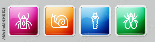 Set line Beetle bug, Snail, Larva insect and Insect fly. Colorful square button. Vector
