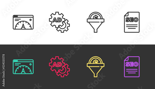 Set line Website statistic, Advertising, Lead management and SEO optimization on black and white. Vector