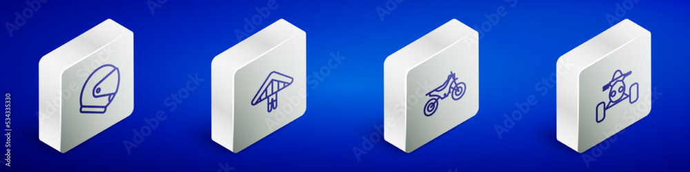 Set Isometric line Helmet, Hang glider, Mountain bike and ATV motorcycle icon. Vector Set Isometric line Helmet, Hang glider, Mountain bike and ATV motorcycle icon. Vector