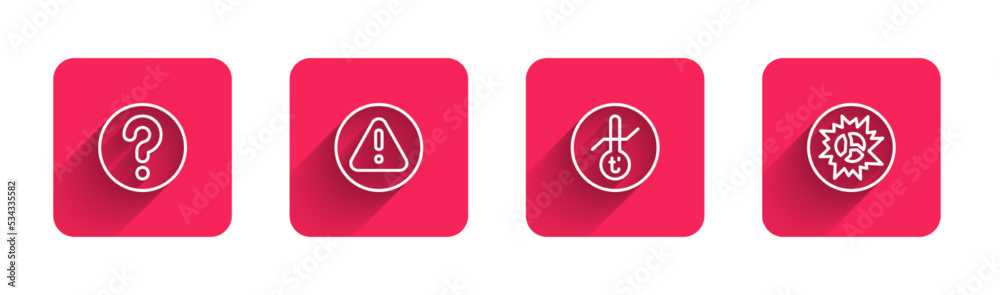 Set line Unknown search, Exclamation mark in triangle, Meteorology thermometer and Bomb explosion with long shadow. Red square button. Vector Set line Unknown search, Exclamation mark in triangle, Meteorology thermometer and Bomb explosion with long shadow. Red square button. Vector