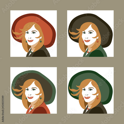 Vector illustration in one color range consisting of 4 variants of a lady with a hat on, wearing a pendant and earrings as a set of jewelry