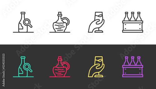 Set line Bottle of wine, Wine italian fiasco bottle, tasting, degustation and Bottles box on black and white. Vector