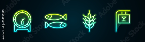 Set line Wooden barrel on rack, Dried fish, Hop and Street signboard with Bar. Glowing neon icon. Vector