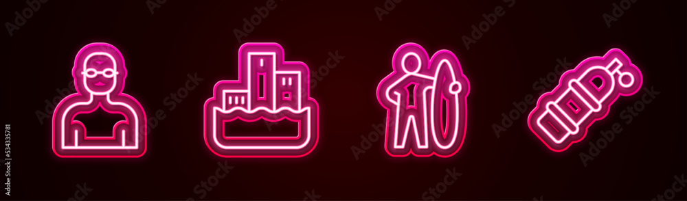 Set line Swimmer, Winner podium, Surfboard and Aqualung. Glowing neon icon. Vector Set line Swimmer, Winner podium, Surfboard and Aqualung. Glowing neon icon. Vector