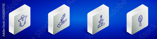 Set Isometric line Ghost, Magic stone, Sword in the and hand mirror icon. Vector