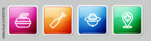 Set line Stone for curling, Paddle, Canadian ranger hat and maple leaf. Colorful square button. Vector