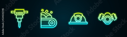 Set line Construction jackhammer, Conveyor belt carrying coal, Miner helmet and Gas mask. Glowing neon icon. Vector