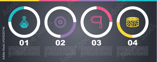 Set line Grapple crane grabbed a log, ircular saw blade, Hacksaw and Tree stump. Business infographic template. Vector