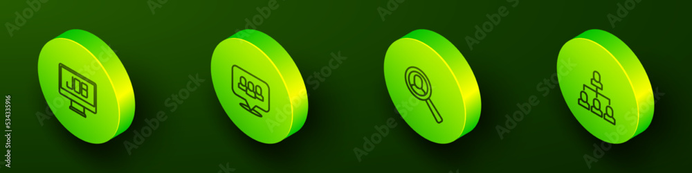 Set Isometric line Search job, Project team base, Magnifying glass for search and Employee hierarchy icon. Vector Set Isometric line Search job, Project team base, Magnifying glass for search and Employee hierarchy icon. Vector