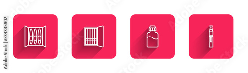 Set line Cigar, Cigarette case, Vape liquid bottle and Electronic cigarette with long shadow. Red square button. Vector
