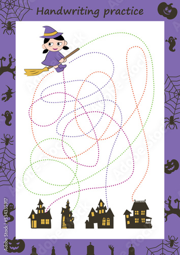 Handwriting practice sheet. Tracing game for writing skills. Tracing line worksheet for kids. Basic letter. Working pages for children. Preschool or kindergarten worksheet.