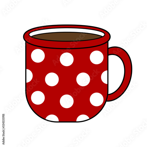 Cup vector icon. Red mug with white polka dots full of coffee or tea