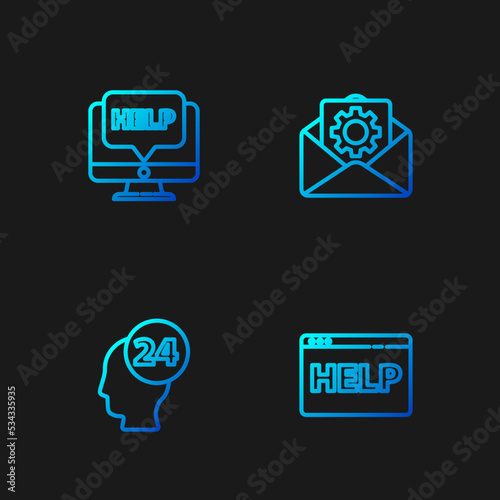Set line Browser help, Support operator in touch, Computer monitor and and Envelope setting. Gradient color icons. Vector