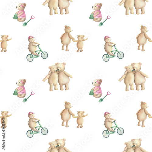 Watercolor seamless pattern with toy bear. Teddy bear.