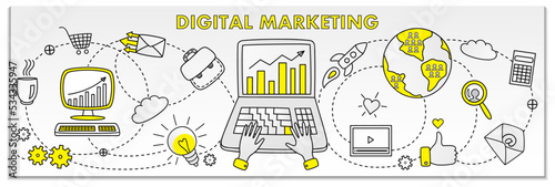 Attraction of new people and online promotion concept. Digital advertising and promoting in social media. Sharing ideas and solutions via Internet. Man works with marketing and data analytics