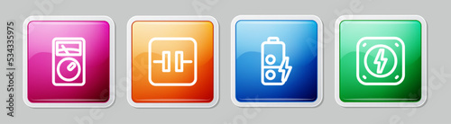Set line Ampere meter, multimeter, Electrolytic capacitor, Battery charge and Lightning bolt. Colorful square button. Vector