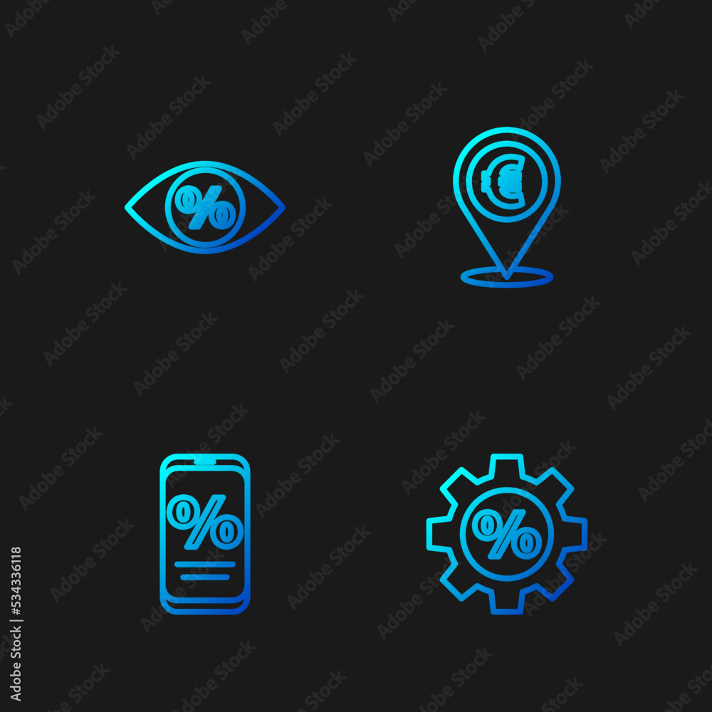 Set line Gear with percent, Percent discount and mobile, Eye and Cash location. Gradient color icons. Vector Set line Gear with percent, Percent discount and mobile, Eye and Cash location. Gradient color icons. Vector