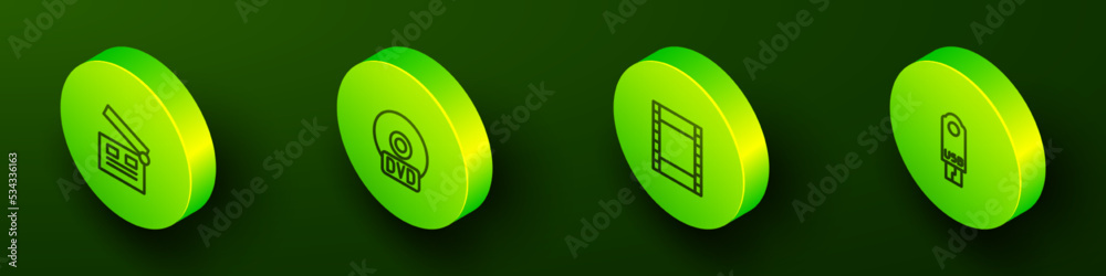 Set Isometric line Movie clapper, CD or DVD disk, Play Video and USB flash drive icon. Vector Set Isometric line Movie clapper, CD or DVD disk, Play Video and USB flash drive icon. Vector