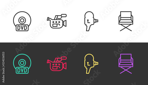 Set line CD or DVD disk, Cinema camera, Retro cinema and Director movie chair on black and white. Vector