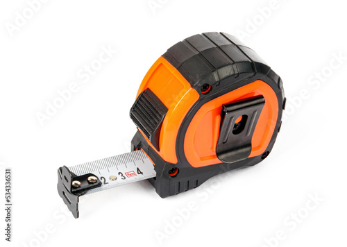 measuring tape measure orange with black elements on a white isolated background