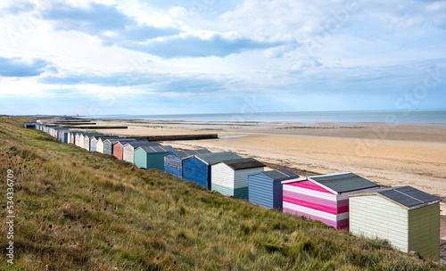 Holiday beach hut in Margate, Minnis bay, and Birchington. Blue sky and ocean. 