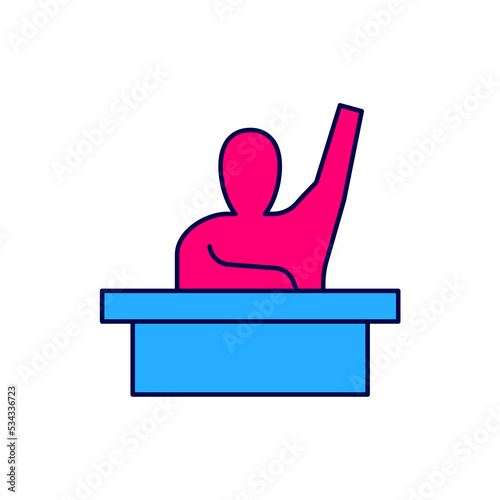 Filled outline Active male kid raising hand answering to teacher question icon isolated on white background. An elementary student raises his hand. Vector