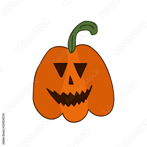 Halloween 2022 - October 31. A traditional holiday, the eve of All Saints Day, All Hallows Eve. Trick or treat. Vector illustration in hand-drawn doodle style. Pumpkin with its eyes and mouth cut out.