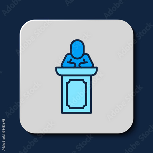Filled outline Auction auctioneer sells icon isolated on blue background. Auction business, bid and sale. Vector