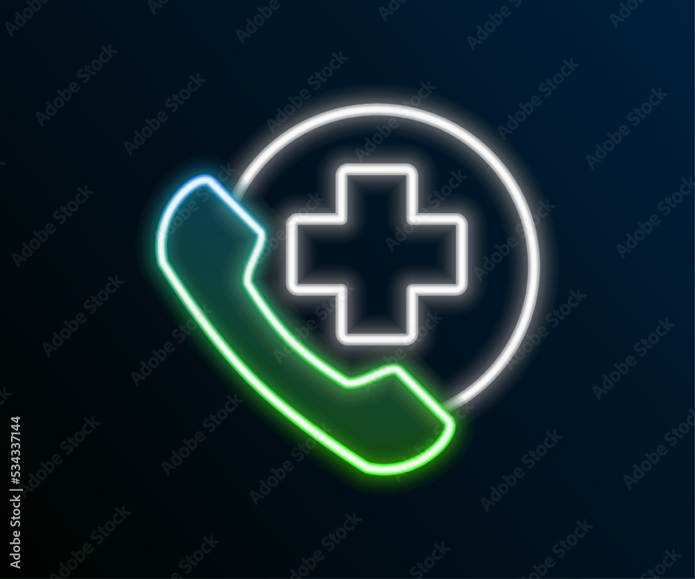 Glowing neon line Emergency phone call to hospital icon isolated on black background. Colorful outline concept. Vector Glowing neon line Emergency phone call to hospital icon isolated on black background. Colorful outline concept. Vector