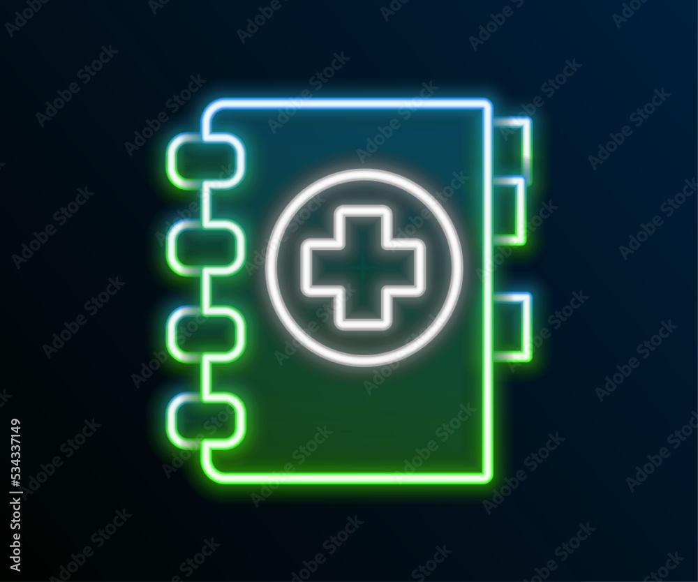 Fototapeta premium Glowing neon line Medical clipboard with clinical record icon isolated on black background. Prescription, medical check marks report. Colorful outline concept. Vector