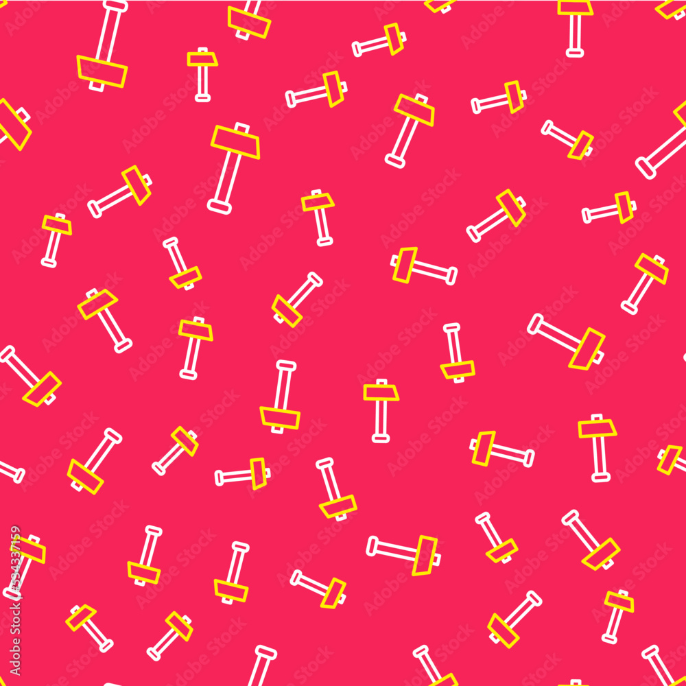 Line Hammer icon isolated seamless pattern on red background. Tool for repair. Vector