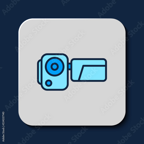 Filled outline Cinema camera icon isolated on blue background. Video camera. Movie sign. Film projector. Vector © Kostiantyn