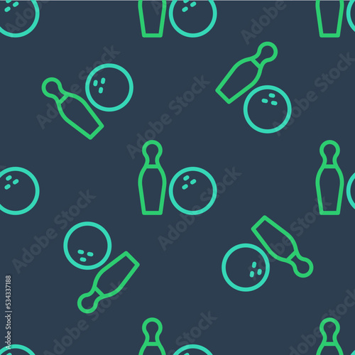 Line Bowling pin and ball icon isolated seamless pattern on blue background. Sport equipment. Vector