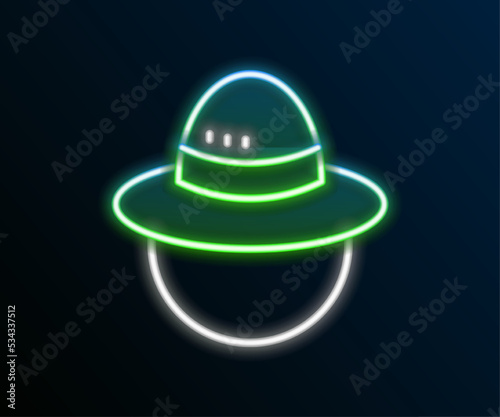 Glowing neon line Camping hat icon isolated on black background. Beach hat panama. Explorer travelers hat for hunting, hiking, tourism. Colorful outline concept. Vector
