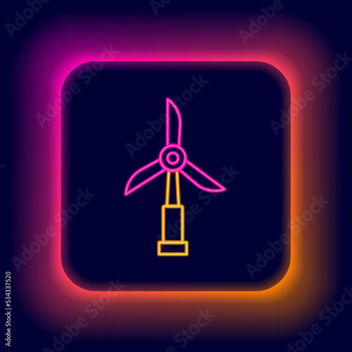 Glowing neon line Wind turbine icon isolated on black background. Wind generator sign. Windmill for electric power production. Colorful outline concept. Vector