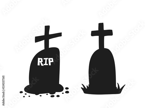 Halloween 2022 - October 31. A traditional holiday. Trick or treat. Vector illustration in hand-drawn doodle style. Set of silhouettes of graves with crosses.