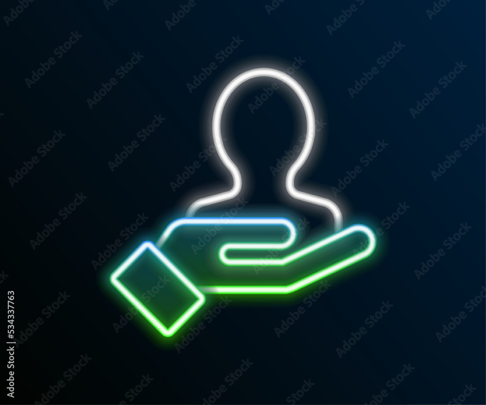 Glowing neon line Hand for search a people icon isolated on black background. Recruitment or selection concept. Search for employees and job. Colorful outline concept. Vector Glowing neon line Hand for search a people icon isolated on black background. Recruitment or selection concept. Search for employees and job. Colorful outline concept. Vector