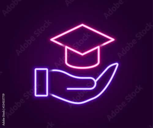 Glowing neon line Education grant icon isolated on black background. Tuition fee, financial education, budget fund, scholarship program, graduation hat. Colorful outline concept. Vector