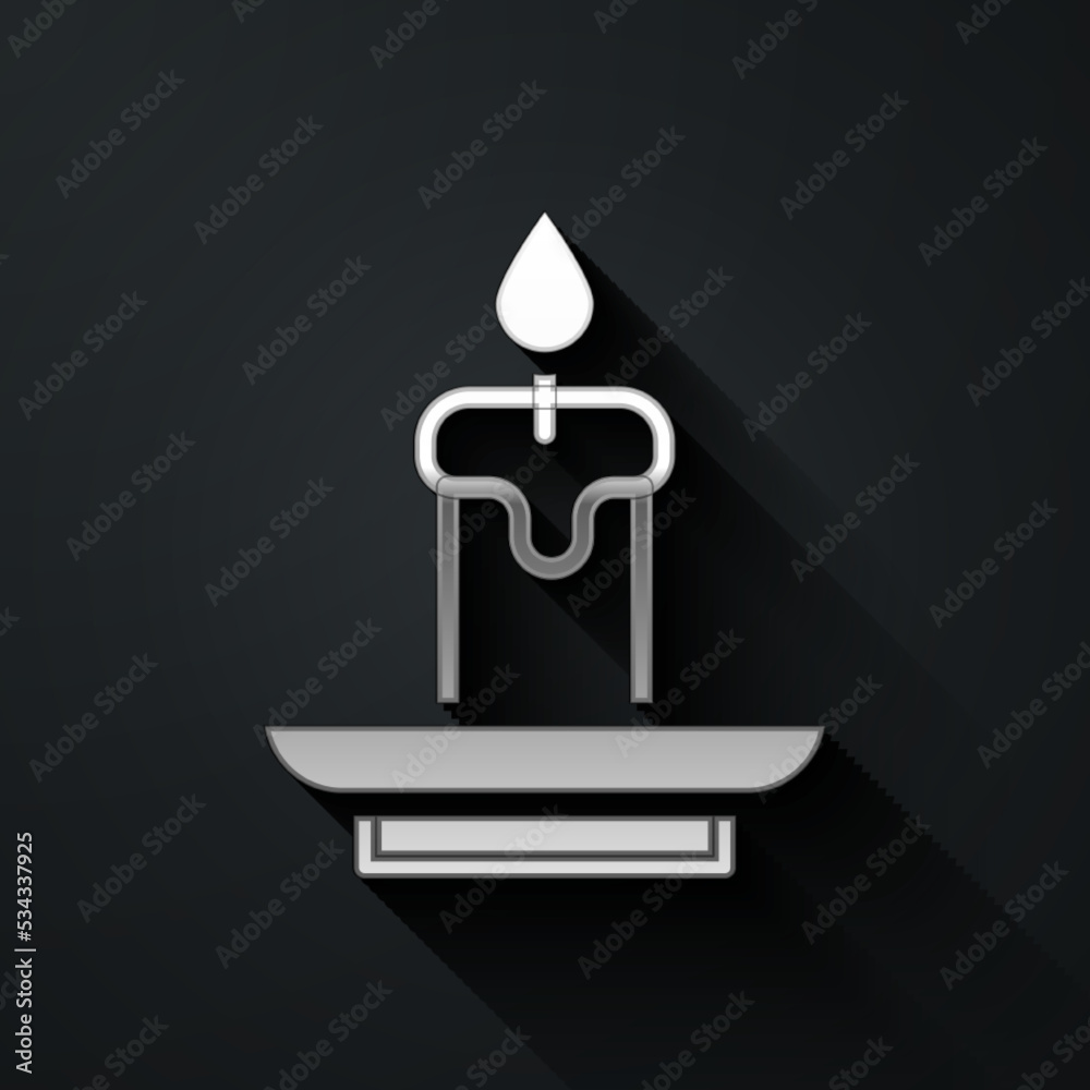 Silver Burning candle icon isolated on black background. Cylindrical aromatic candle stick with burning flame. Happy Halloween party. Long shadow style. Vector Silver Burning candle icon isolated on black background. Cylindrical aromatic candle stick with burning flame. Happy Halloween party. Long shadow style. Vector