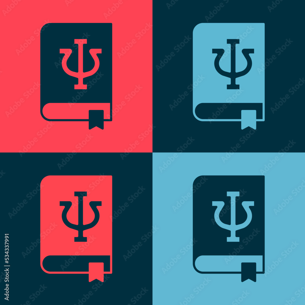 Pop art Psychology book icon isolated on color background. Psi symbol. Mental health concept, psychoanalysis analysis and psychotherapy. Vector Pop art Psychology book icon isolated on color background. Psi symbol. Mental health concept, psychoanalysis analysis and psychotherapy. Vector