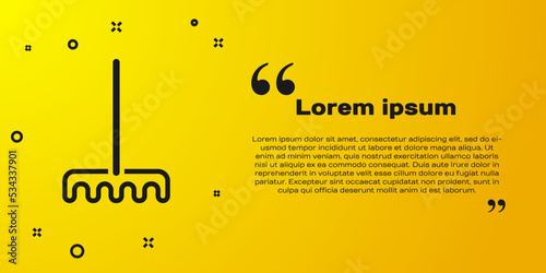 Black Garden rake icon isolated on yellow background. Tool for horticulture, agriculture, farming. Ground cultivator. Housekeeping equipment. Vector