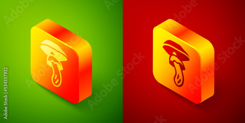 Isometric Psilocybin mushroom icon isolated on green and red background. Psychedelic hallucination. Square button. Vector