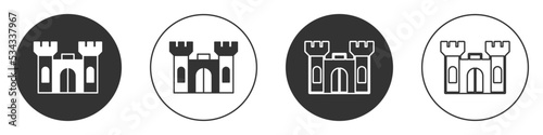 Black Castle icon isolated on white background. Circle button. Vector